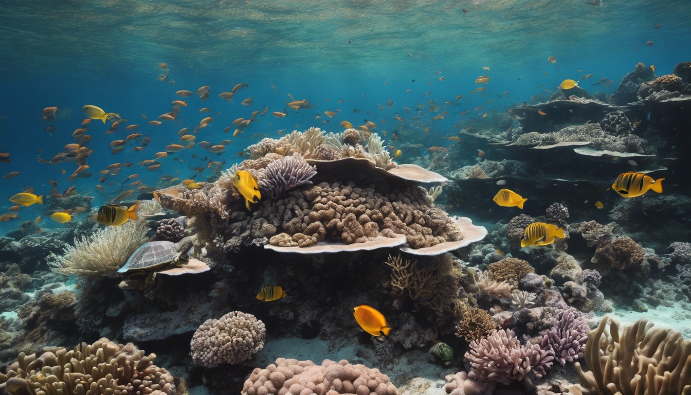 A thriving coral reef alive with hundreds of species of exotic fish and sea turtles off the coast of Australia. 墙纸[1141f6e0fe0042578c45]