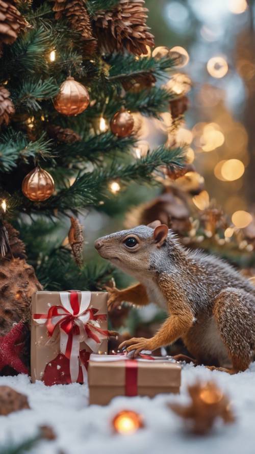 A friendly Kentrosaurus exchanging gifts with a group of squirrels under a festive tree.