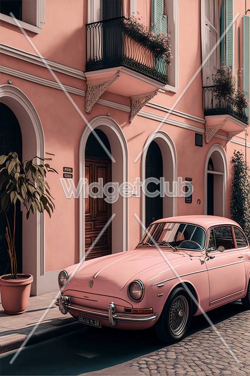 粉色复古车停在一栋迷人房子前