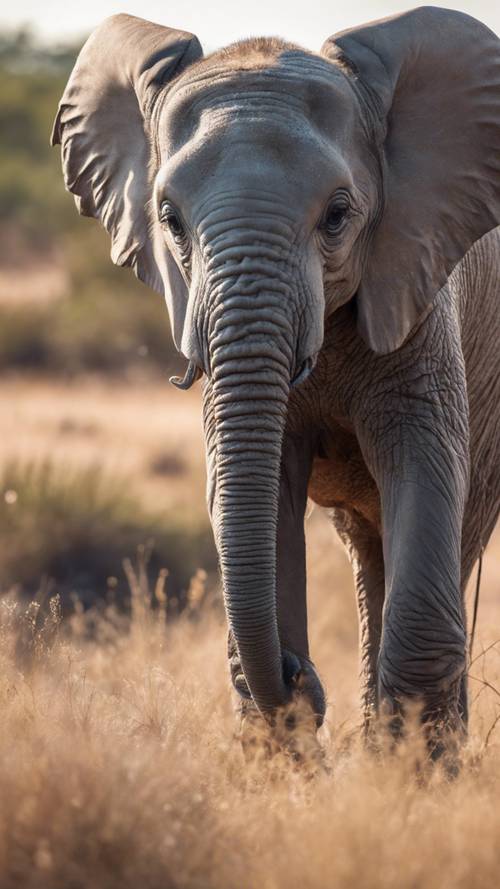 A curious, playful, gray baby elephant in the heart of the African savannah on a bright day.