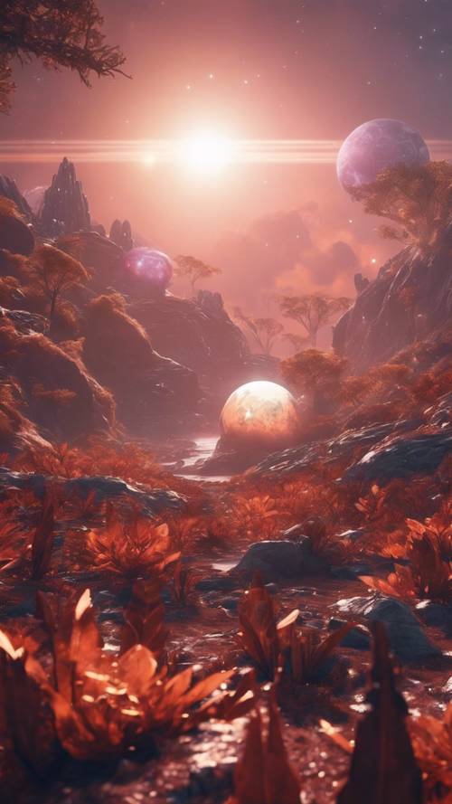 Una vista mozzafiato di un pianeta alieno in un videogioco futuristico, completo di flora extraterrestre e misteriosi minerali luminosi.