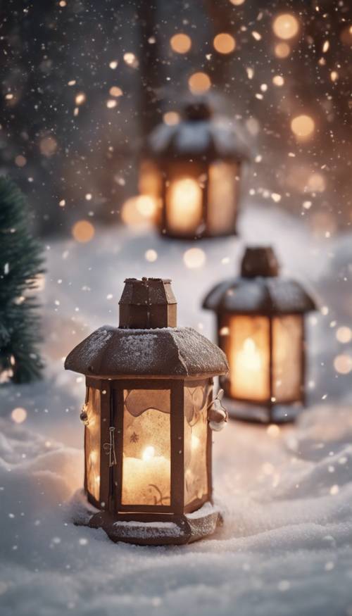 Elegant brown paper Christmas lanterns casting soft light on the snow outside. Tapet [ca8fdc25979e4104aebd]