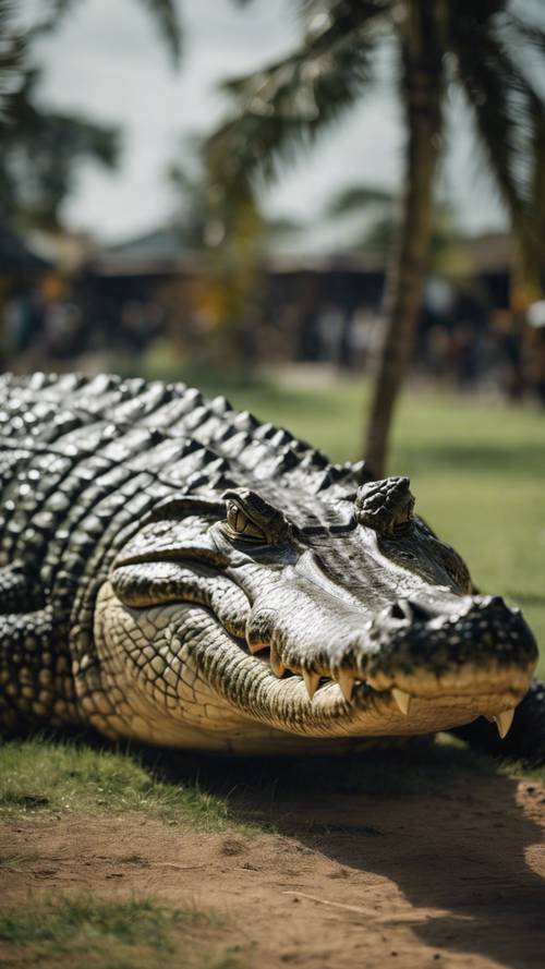 Um grande crocodilo realizando uma exibição territorial entre um grupo de crocodilos menores.