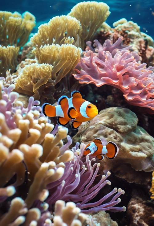 Ikan badut berwarna-warni berenang di sekitar terumbu karang yang berwarna-warni di laut yang jernih.