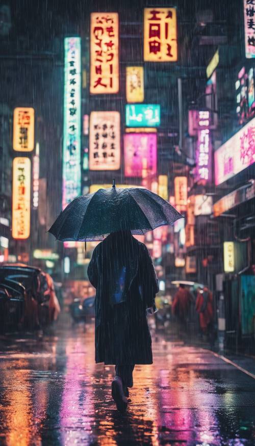 Uma Tóquio no estilo cyberpunk, a chuva caindo nas ruas cheias de luzes de néon.