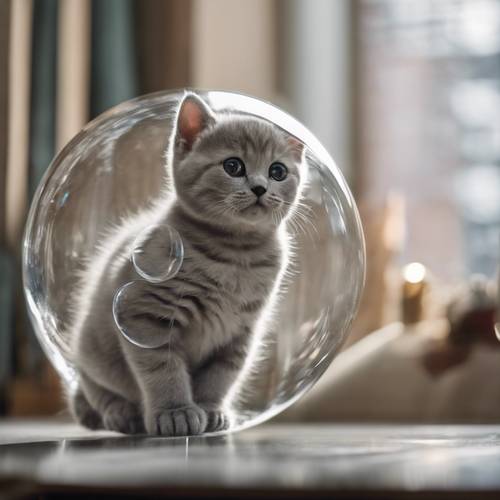A British Shorthair kitten intently studying its reflection in a large, clear bubble.