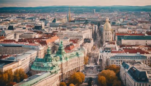A painterly view of Vienna from atop the Riesenrad Ferris wheel, showcasing the city's beautiful skyline. ផ្ទាំង​រូបភាព [c381d2f4aaa64ef9a9e4]