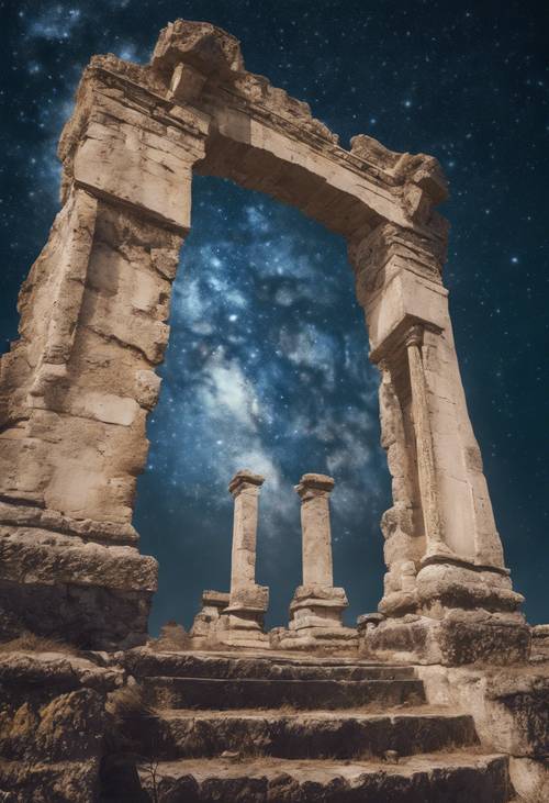 Starożytne ruiny z białego kamienia, skąpane w świetle księżyca, w gwiaździstą noc.