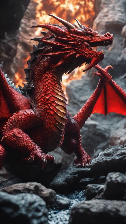 Игривое изображение красного дракона с блестящей чешуей, вступающего в огненное противостояние с черным драконом в пещере.