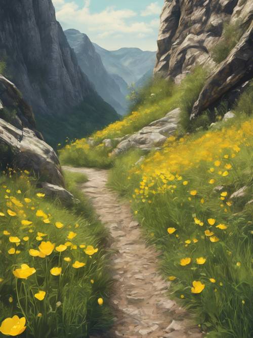 A painting-like depiction of buttercups growing alongside a mountain path. Tapet [c002fbad45174bec89e3]