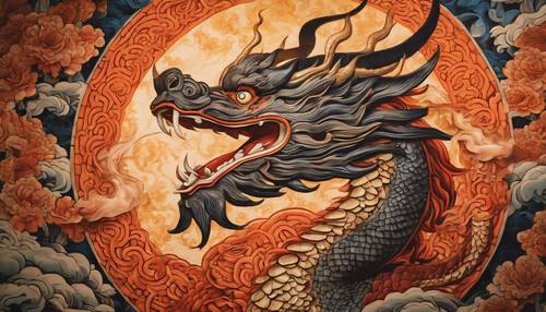 An intricate Chinese mural showing a dragon breathing fire. Ταπετσαρία [fd58f73fce314e86aac2]