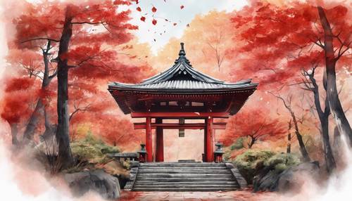 Una pintura de acuarela de un antiguo santuario japonés rodeado de hojas rojas de otoño.