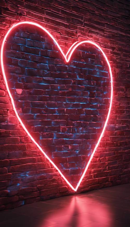 Un cuore al neon 3D installato sul muro di mattoni di una discoteca.