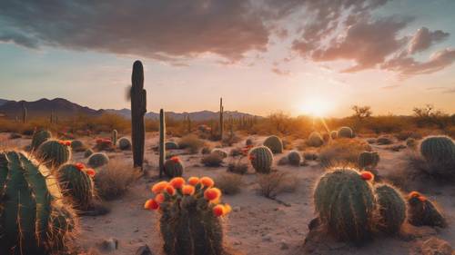 An endless desert with cacti blooming with radiant flowers under a sunset.