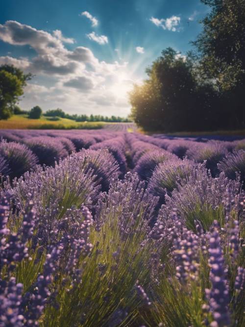 Ladang lavender yang bermekaran di bawah langit biru tua yang mencolok.