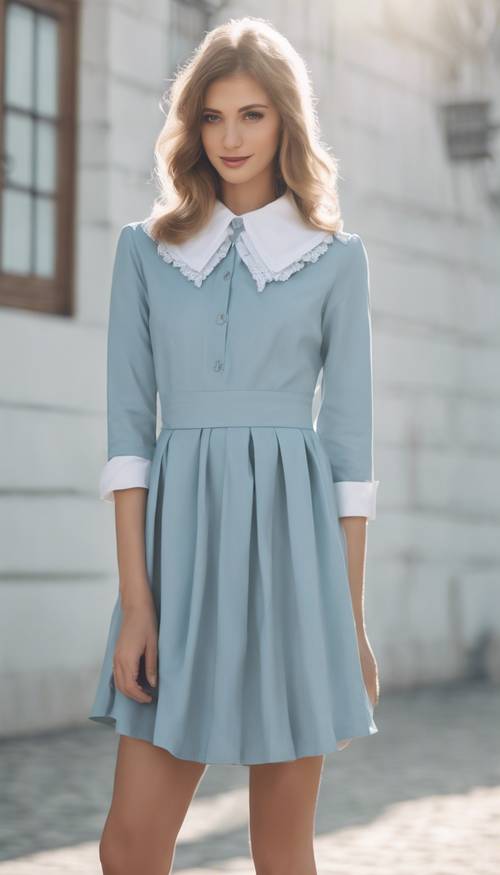 فستان من القطن باللون الأزرق الفاتح على طراز preppy مع ياقة بيضاء، تم تصميمه بشكل مسطح.