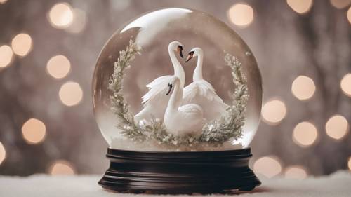 A whimsical snow globe with a pair of intertwined swans inside and a love quote 'our love is timeless' around its base. Wallpaper [cfb1a4a7be2045ac89f7]