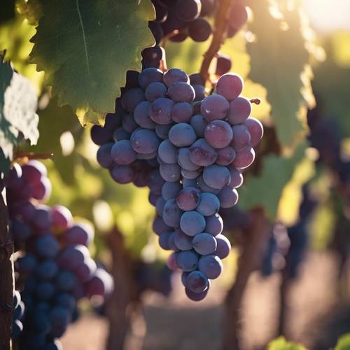 Close-up view of dark purple wine grapes growing in a sunny vineyard.