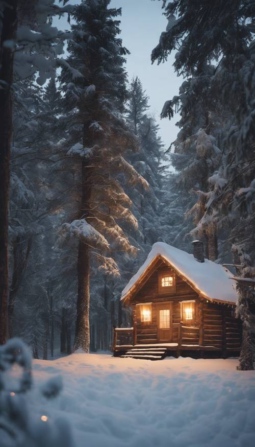 Pemandangan hutan bersalju yang damai dengan kabin kayu, lampu hangat bersinar di jendelanya, dan asap keluar dari cerobong asap.