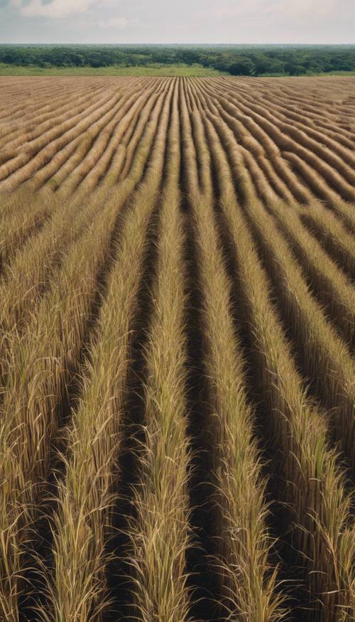 An aerial view of a vast, meticulously maintained sugar cane field showing distinctive brown stripes. Ταπετσαρία [d5318fd5f48942f595fe]