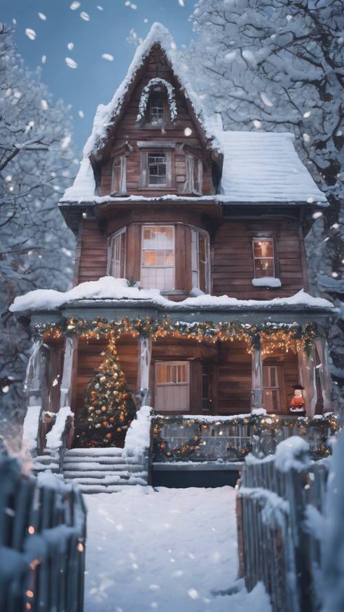 Дом с привидениями, покрытый снегом и рождественскими украшениями, представленный в стиле аниме.