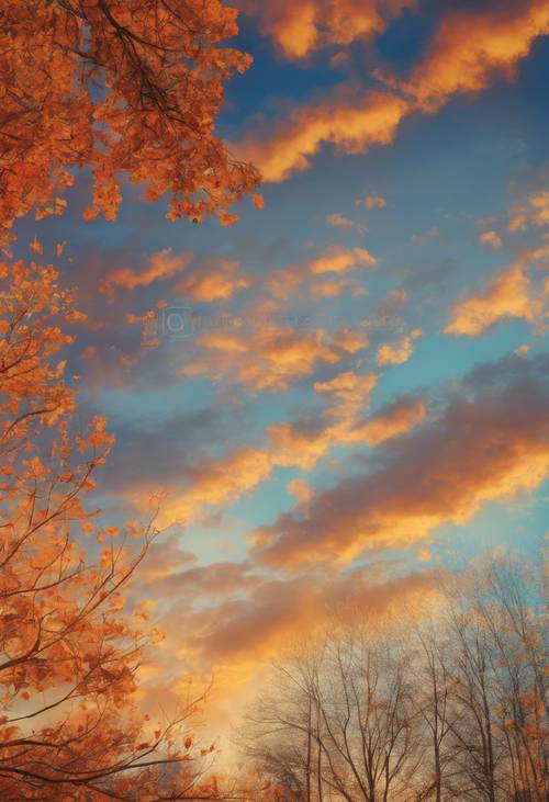 Miscela di blu e arancione acquerellata mentre il sole al tramonto illumina di colori il cielo autunnale.