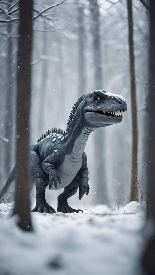 A solitary gray dinosaur standing still in a quiet, snow-covered forest.