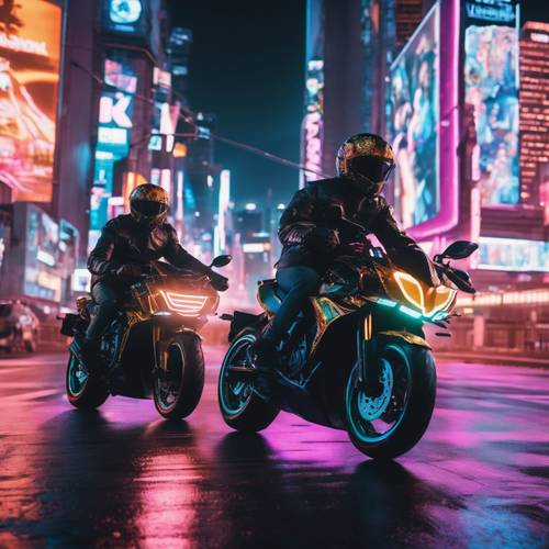 Two friends riding on neon-lit cyber motorcycles in a Y2K cityscape, speeding past towering digital billboards.