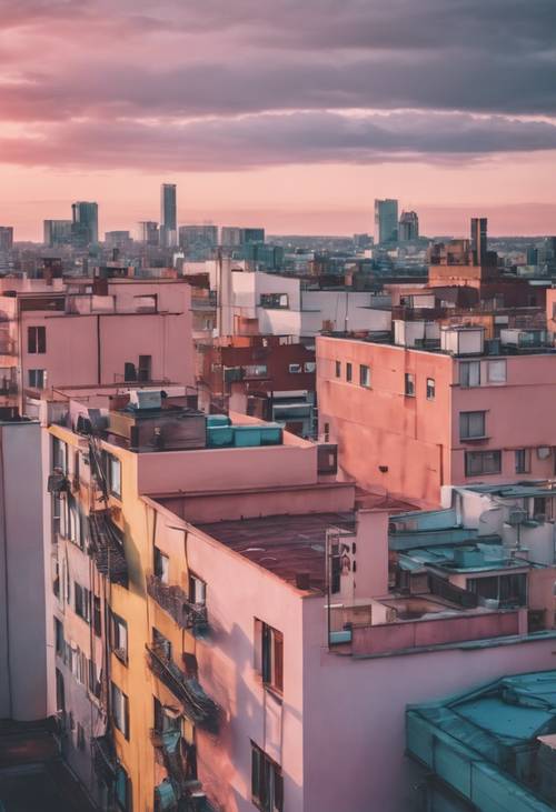 Blick vom Dach auf eine pastellfarbene Stadtlandschaft bei Sonnenuntergang.