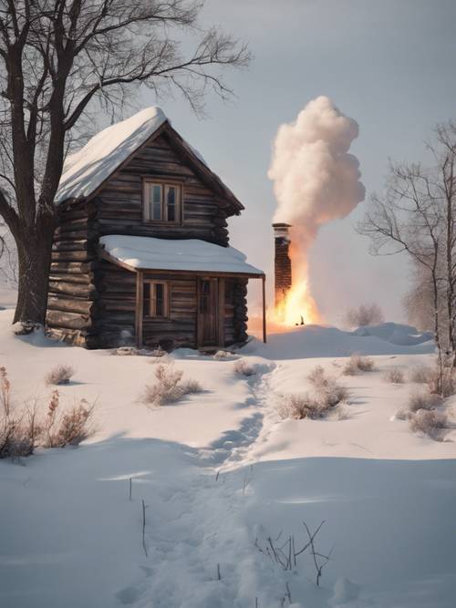 Samotna chata stojąca samotnie pod ciężkim zimowym śniegiem, z cichym kominem unoszącym się dymem.