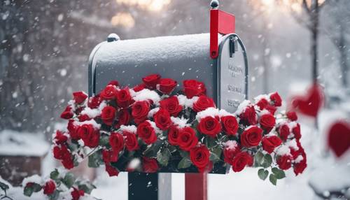 Uma caixa de correio lotada de cartões de Dia dos Namorados e rosas vermelhas em um dia de neve.