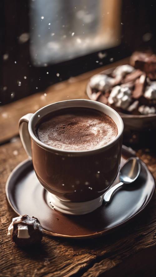 A warm cup of hot cocoa, frothy on top, on a dark brown wooden surface.