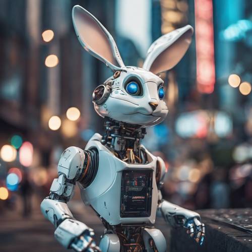 Um coelho robô futurista em uma metrópole movimentada.