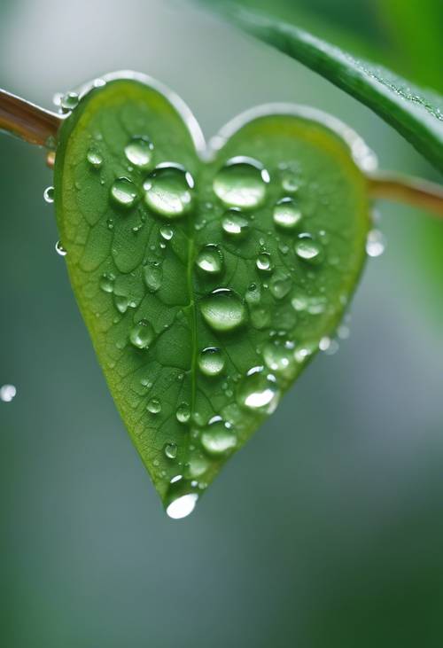 Foto macro de una gota de rocío que da forma a un pequeño corazón verde en una hoja.