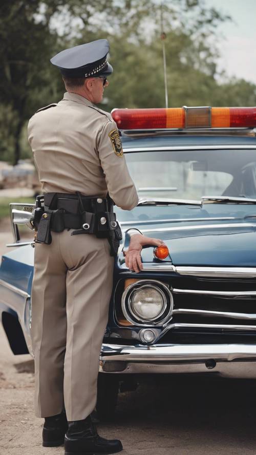 A 1960s police officer standing next to a vintage police cruiser