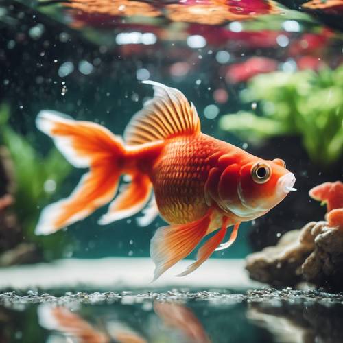 A cute red goldfish swimming in a clear, large aquarium filled with colorful plants.