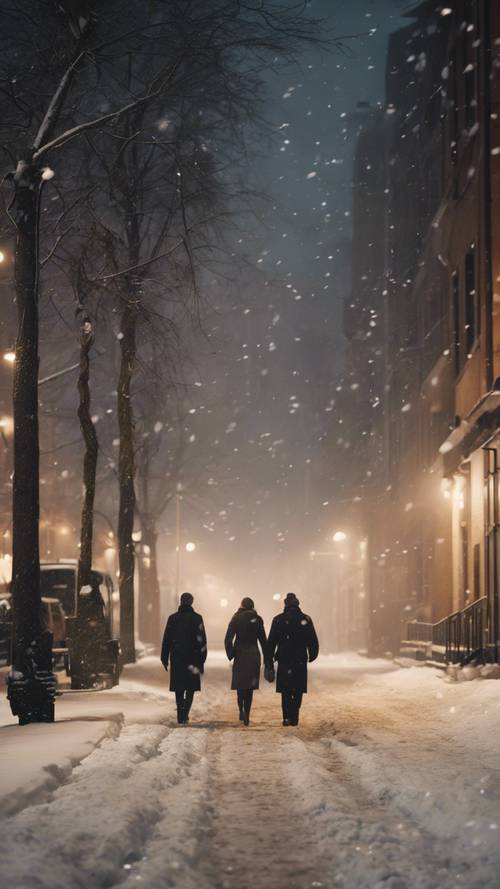 “A city street under heavy snowfall at night, illuminated by the warm glow of street lights, with shadowy figures of people walking.”
