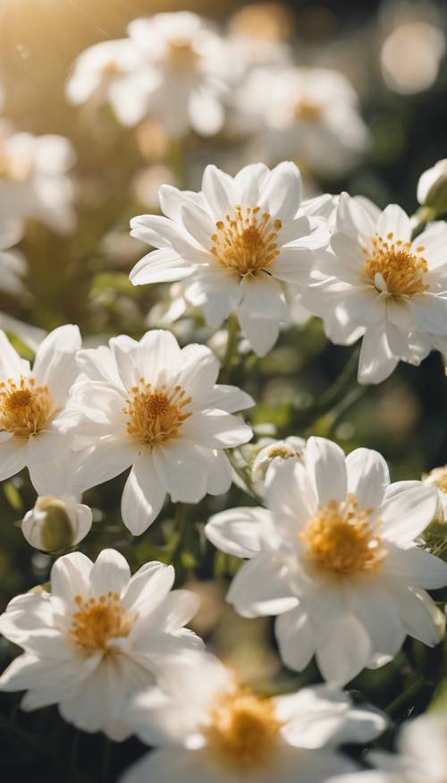 תמונת תקריב של פרחים לבנים עם קצוות זהובים זוהרים תחת שמש הצהריים.