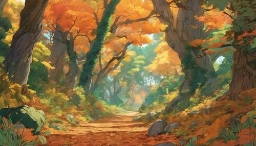 Foresta lussureggiante inondata di colori autunnali, che ricorda lo sfondo scenico di un anime come i lavori dello Studio Ghibli.
