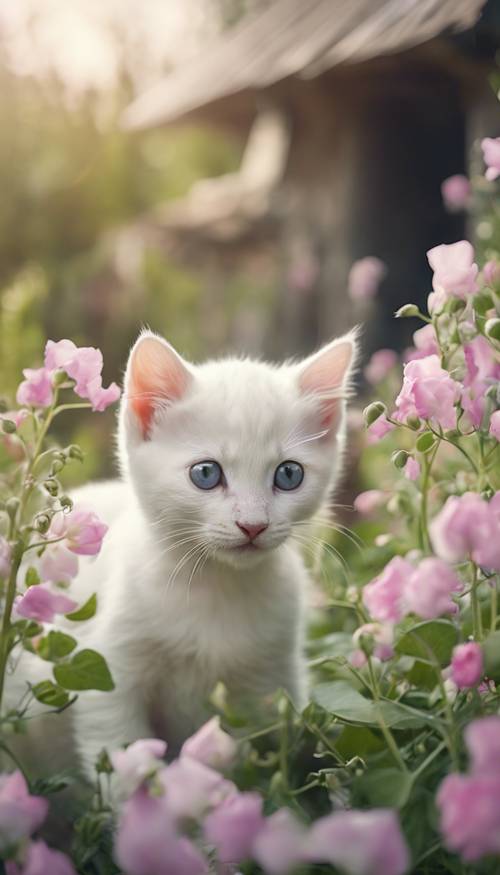 A cute white kitten playing amid a bunch of sweet pea flowers in a cottage garden.