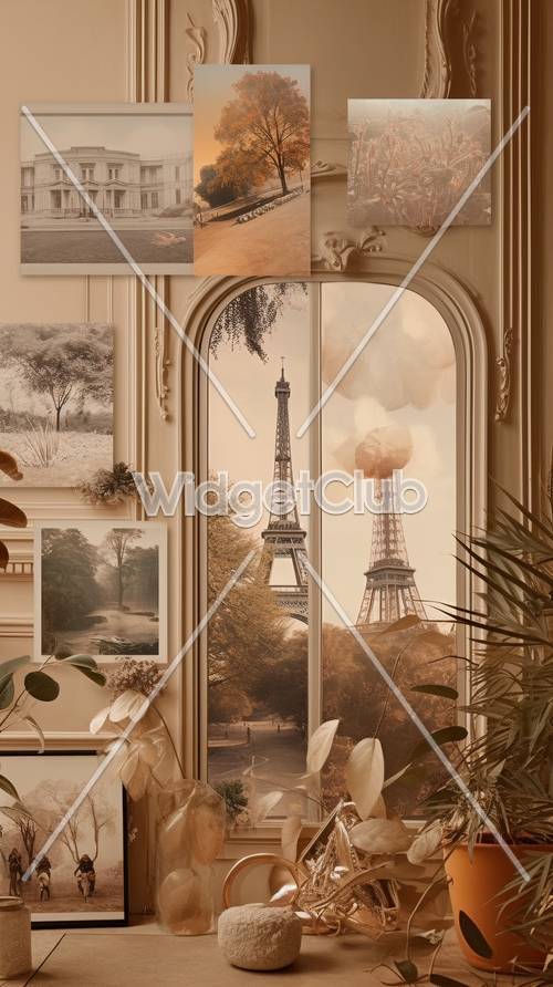 Sonhos parisienses: uma colagem da Torre Eiffel e cenas da natureza
