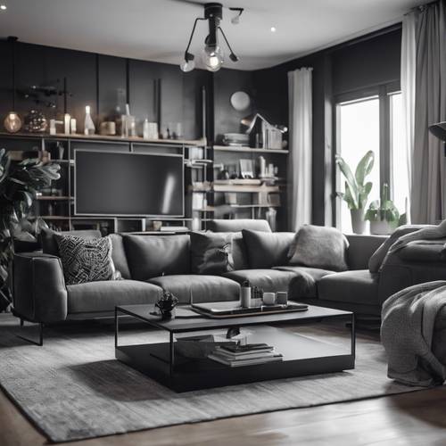 Moderno apartamento de soltero con combinación de colores monocromáticos, muebles elegantes y aparatos de alta tecnología.
