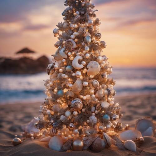 Un árbol de Navidad al atardecer en una playa, adornado con conchas y perlas.