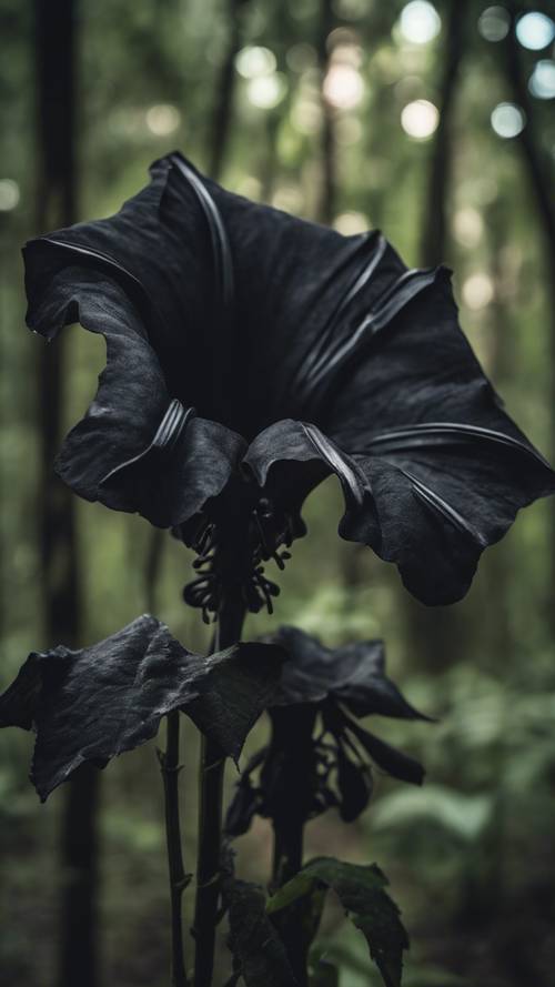 Yoğun bir ormanın kalbinde ürkütücü ama büyüleyici bir atmosfer uyandıran siyah bir trompet çiçeği.