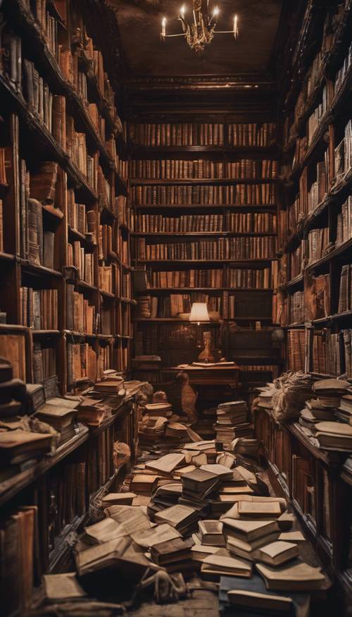 A quaint old library filled with Halloween inspired literature; piles of worn books like Frankenstein, Dracula, and Sleepy Hollow.