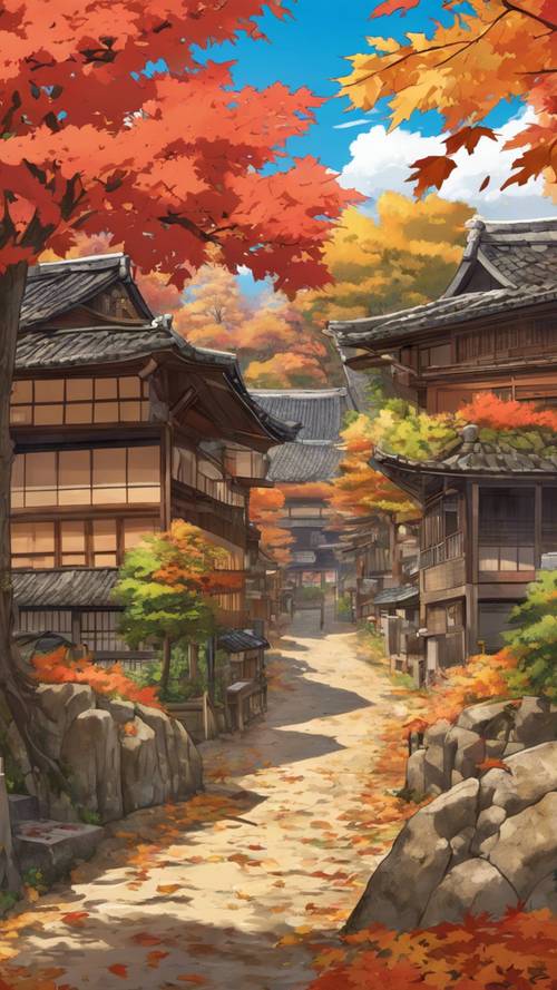 Sonbahar yapraklarıyla çevrili geleneksel bir Japon köyünün animasyonlu görüntüsü.