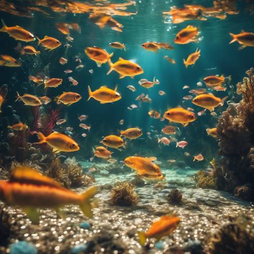 Una vista submarina de un lago repleto de peces de colores que brillan bajo la luz del sol refractada.