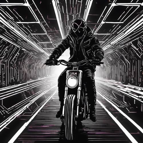 Un motociclista cyberpunk atravesando un túnel iluminado con luces de neón en blanco y negro.