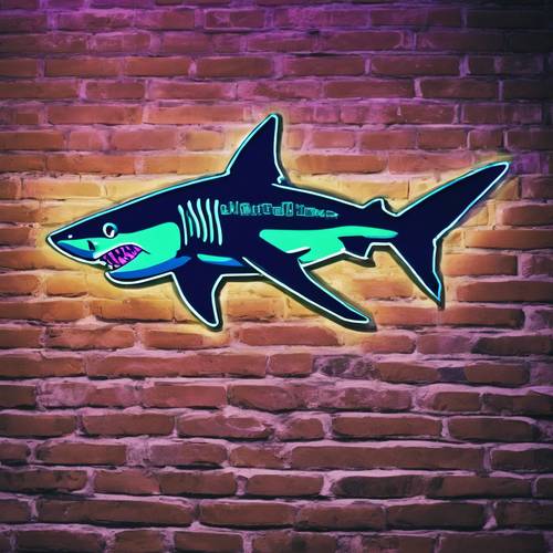 Neonowy znak rekina świecący na tle ceglanej ściany w jasnych błękitach, fioletach i zieleniach.