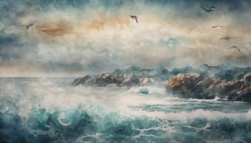 An atmospheric, seascape themed watercolor pattern.